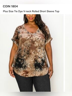 Coin1804 Plus Size Tie Dye V-neck Rolled Short Sleeve Top